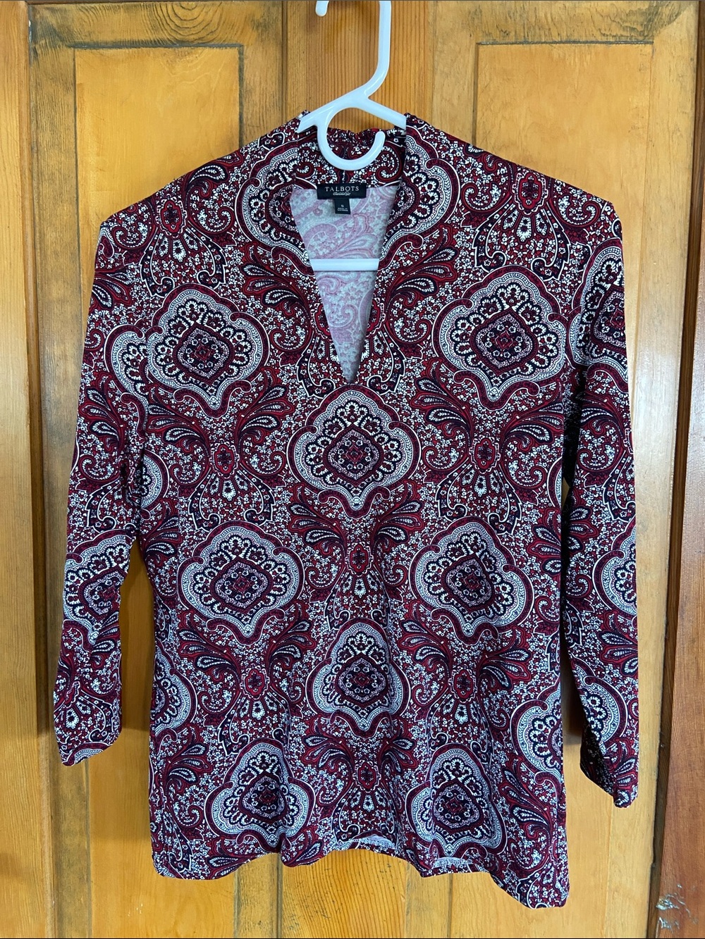 Talbots Burgundy Paisley Split V-Neck Blouse